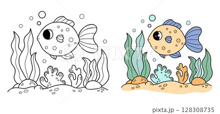 Tropical cute fish with algae and corals on seabed. Guppy goldfish. Outline and color drawing. Coloring Page. Vector illustration. Kids collection 128308735