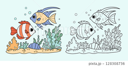 Tropical Fish swim among seaweed and Coral Reef. Outline and color drawing. Coloring Page. Vector illustration. Kids collection 128308736