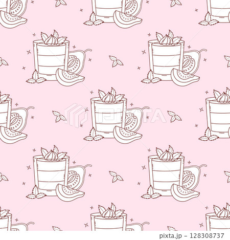 Outline Seamless Pattern with Guava Creamy sweet dessert with tropical Fruit slices and Mint leaves on light Pink Background. Summer Exotic food. Line hand drawing. Vector illustration Outline Seamless Pattern with Guava Creamy sweet dessert with tropical Fruit slices and Mint leaves on light Pink Background. Summer Exotic food. Line hand drawing. Vector illustration 128308737
