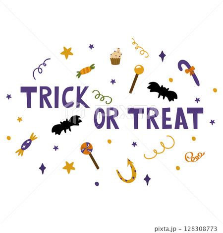 Trick or treat inscription for Halloween. Vector illustration isolated on a white background. For design, decor, postcards 128308773