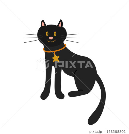 A black cat with yellow eyes and a collar. Vector illustration isolated on a white background. For design, decor, postcards 128308801