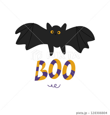 The inscription "Boo" for Halloween with a bat. Vector illustration isolated on a white background. For design, decoration, postcards 128308804