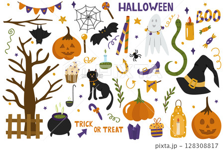 Halloween is a set of traditional symbols for a party. Pumpkin, bat, inscriptions, snake, witch's cap, cat, sweets, candy, lollipop. Vector collection of illustrations in cartoon style, clipart 128308817