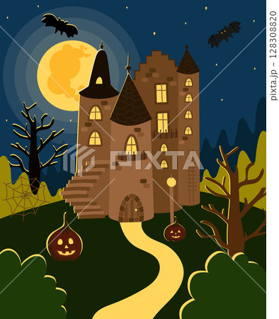 Halloween dark house, castle on the background of a full moon. Vector illustration in cartoon style, clipart. For design, decoration, postcards 128308820