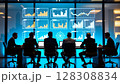 A group of business professionals in a meeting, analyzing data displayed on large screens with various charts and graphs. - Generic AI Image 128308834