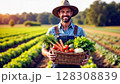 A smiling farmer stands in a field, proudly holding a basket brimming with freshly harvested organic vegetables. - Generic AI Image 128308839