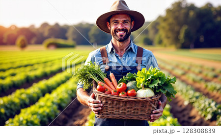 A smiling farmer stands in a field, proudly holding a basket brimming with freshly harvested organic vegetables. - Generic AI Image 128308839