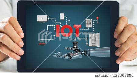Hands holding digital tablet showing robotic arm with icons of household appliances Hands holding digital tablet showing robotic arm with icons of household appliances 128308896
