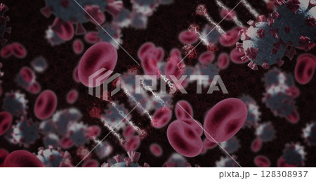 Red blood cells and virus particles interacting in microscopic view of bloodstream 128308937