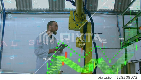 Image of digital interface with graphs, and data processing over man using digital tablet and adjust 128308972