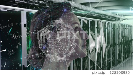 Image of handwritten equations, molecules, 3d model, data and digital interface moving over profile Image of handwritten equations, molecules, 3d model, data and digital interface moving over profile 128308980