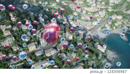 Aerial view of coastal town with digital virus graphics overlaying landscape Aerial view of coastal town with digital virus graphics overlaying landscape 128308987