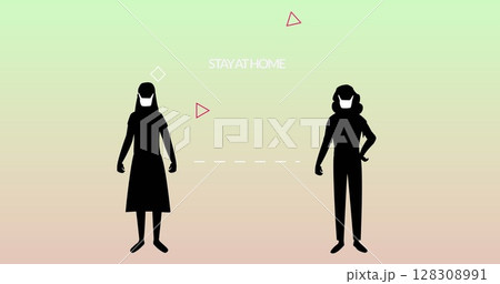 Silhouettes of two people maintaining social distance with Stay at Home message Silhouettes of two people maintaining social distance with Stay at Home message 128308991