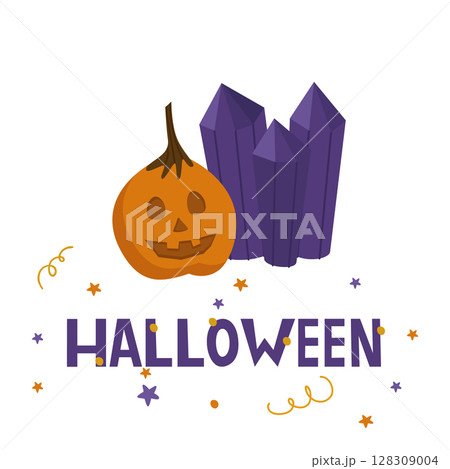 The inscription "Halloween" with a pumpkin and crystals. Vector illustration isolated on a white background. For design, decoration, postcards The inscription "Halloween" with a pumpkin and crystals. Vector illustration isolated on a white background. For design, decoration, postcards 128309004