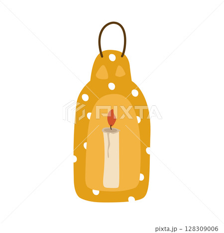 A lantern with a candle, yellow with polka dots for lighting. Cute vector illustration isolated on a white background. For the design of a postcard or decorative 128309006