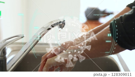 Washing hands under faucet with digital virus overlay, promoting hygiene awareness Washing hands under faucet with digital virus overlay, promoting hygiene awareness 128309011