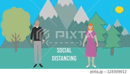 Illustration showing social distancing with two people standing apart outdoors 128309012