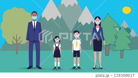 Family wearing masks standing outdoors with mountains and trees in background Family wearing masks standing outdoors with mountains and trees in background 128309017