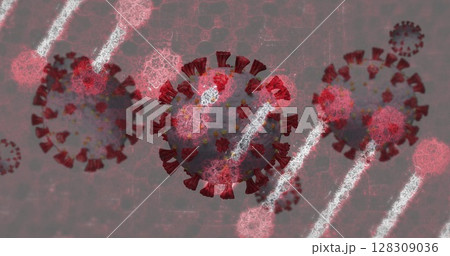 Digital illustration of coronavirus particles with red spikes on textured background 128309036