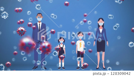 Wearing masks, family standing together with virus illustrations, staying safe 128309042