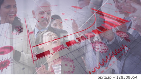 Image of a digital interface with graphs and statistics and Coronavirus cells spreading over a group Image of a digital interface with graphs and statistics and Coronavirus cells spreading over a group 128309054