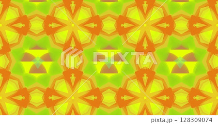 Image of kaleidoscopic colourful orange, yellow and green shapes moving hypnotically in a seamless l Image of kaleidoscopic colourful orange, yellow and green shapes moving hypnotically in a seamless l 128309074