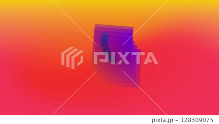 Image of an orange and purple square decorated with a blue ring bouncing with trails on a gradient o 128309075