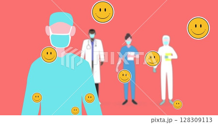 Image of multiple heart eyes face emojis floating against health workers wearing face masks on orang Image of multiple heart eyes face emojis floating against health workers wearing face masks on orang 128309113