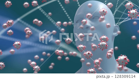 Image of human head model with Covid 19 cells floating and DNA strand spinning 128309114