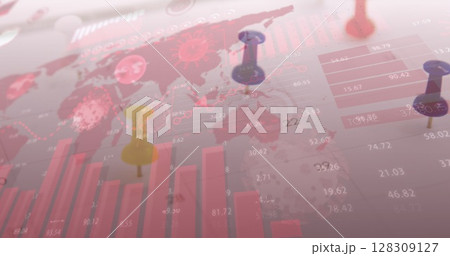 Image of Covid 19 cells and statistics showing cases with pins and world map 128309127