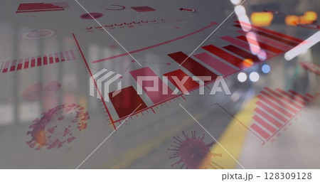 Image of Covid 19 cells and statistics showing cases over out of focus train and city lights 128309128