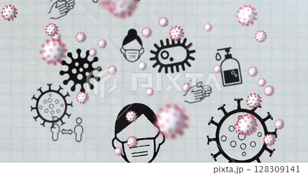 Image of Covid 19 cells and icons floating over white squared paper 128309141