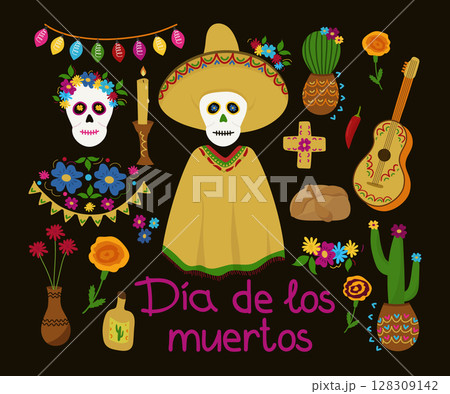 Day of the dead. Colorful set for a Mexican holiday. Vector illustration. For design, postcards, Day of the dead. Colorful set for a Mexican holiday. Vector illustration. For design, postcards, 128309142