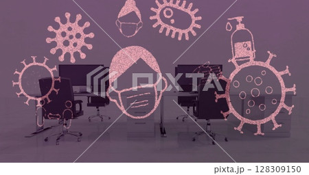 Image of multiple Covid 19 coronavirus icons moving over empty office in the background 128309150