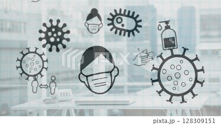 Image of multiple Covid 19 coronavirus icons moving over cityscape in the background 128309151