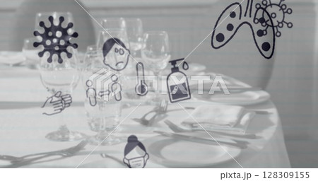 Image of multiple Covid 19 coronavirus icons moving over set table in the background 128309155