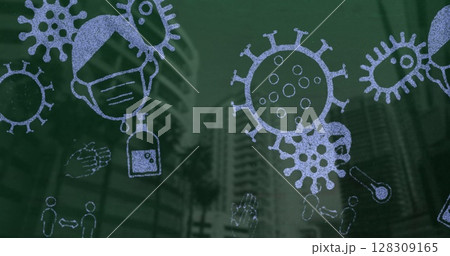 Image of multiple Covid 19 coronavirus icons moving over cityscape on green background Image of multiple Covid 19 coronavirus icons moving over cityscape on green background 128309165