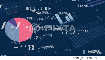 Image of digital interface with symbols changing, financial data processing and statistics recording 128309190