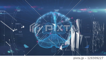 Image of glowing human brain with digital interface data processing 128309227