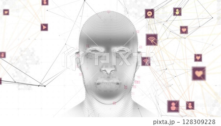 Image of human head spinning with digital interface connections networks 128309228