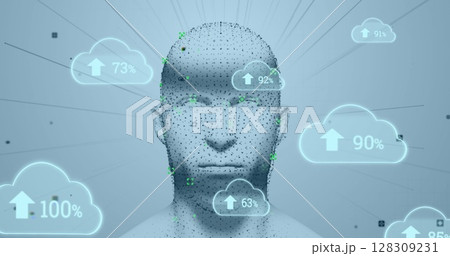 Image of human head glowing with clouds and numbers growing Image of human head glowing with clouds and numbers growing 128309231