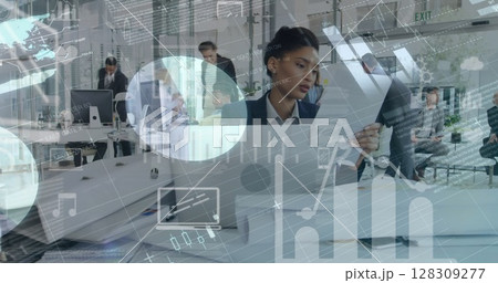 Digital composition of financial data processing against business people working in office 128309277