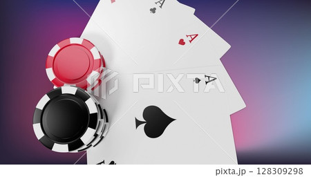Image of casino chips and playing cards over gradient purple to pink background 128309298
