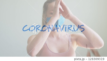 Image of multiple words flashing over caucasian woman wearing face mask meditating Image of multiple words flashing over caucasian woman wearing face mask meditating 128309319