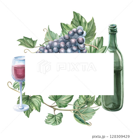 Round frame with bunches of ripe dark grapes. Isolated watercolor illustration for design of wine labels, signs for bars and restaurants, menus, printing on postcards and posters. 128309429