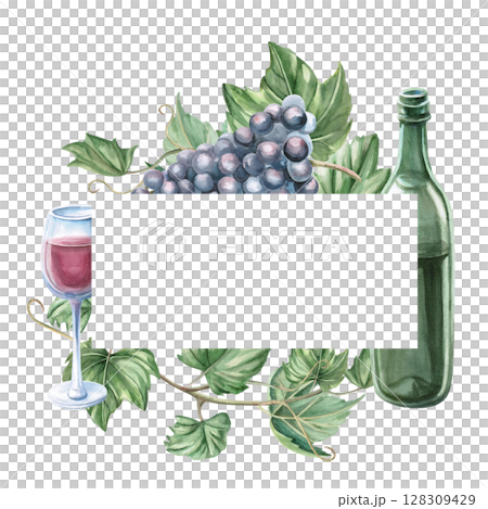 Round frame with bunches of ripe dark grapes. Isolated watercolor illustration for design of wine labels, signs for bars and restaurants, menus, printing on postcards and posters. 128309429