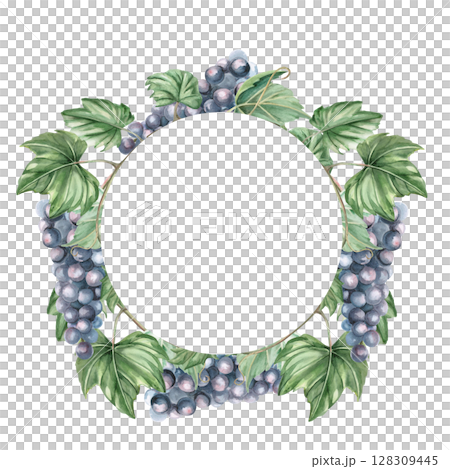 Wreath with bunches of ripe dark grapes. Isolated watercolor illustration for design of wine labels, signs for bars and restaurants, menus, printing on postcards and posters. 128309445