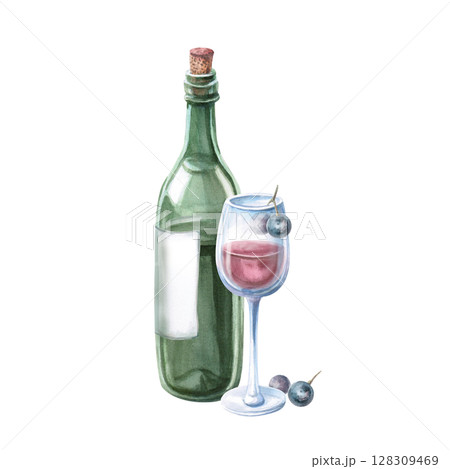 Glass of red wine, bottle and grapes. Isolated watercolor illustration in realistic style for bar menu design, restaurant interior, printing on alcoholic beverages, printing on textiles Glass of red wine, bottle and grapes. Isolated watercolor illustration in realistic style for bar menu design, restaurant interior, printing on alcoholic beverages, printing on textiles 128309469
