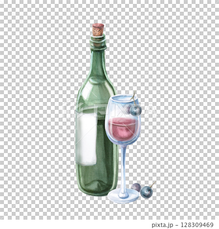 Glass of red wine, bottle and grapes. Isolated watercolor illustration in realistic style for bar menu design, restaurant interior, printing on alcoholic beverages, printing on textiles Glass of red wine, bottle and grapes. Isolated watercolor illustration in realistic style for bar menu design, restaurant interior, printing on alcoholic beverages, printing on textiles 128309469