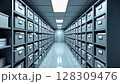 Long corridor with rows of organized filing cabinets in a clean, high-tech archive or data storage facility - Generic AI Image 128309476